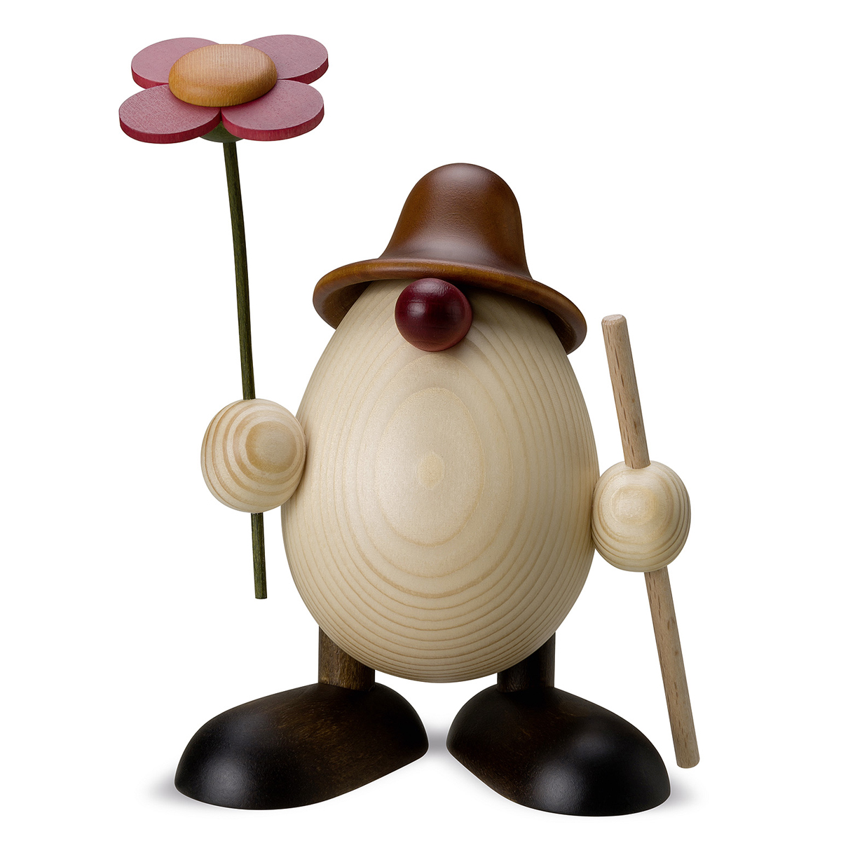 Eierkopf Rudi mit Blume und Stock, braun