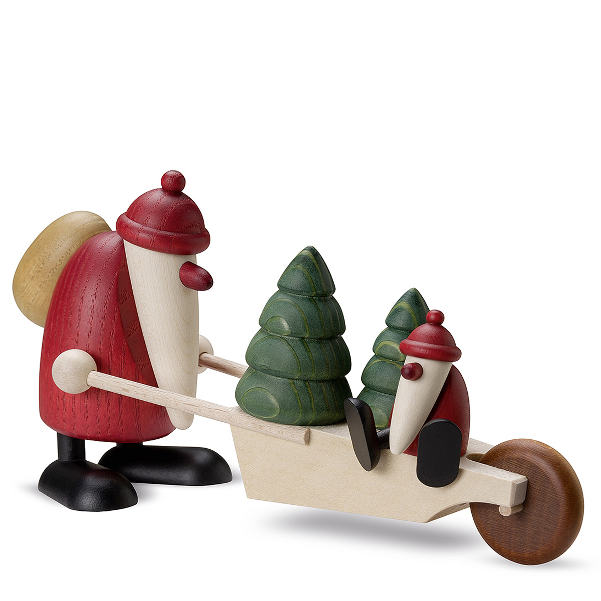 Weihnachtsmann mit Schubkarre, Bäumen und Kind, klein