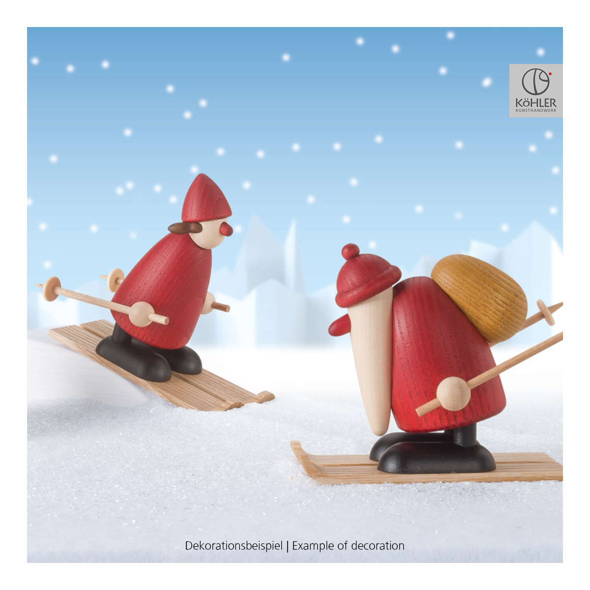 Mrs Claus on skis with snow hill, small