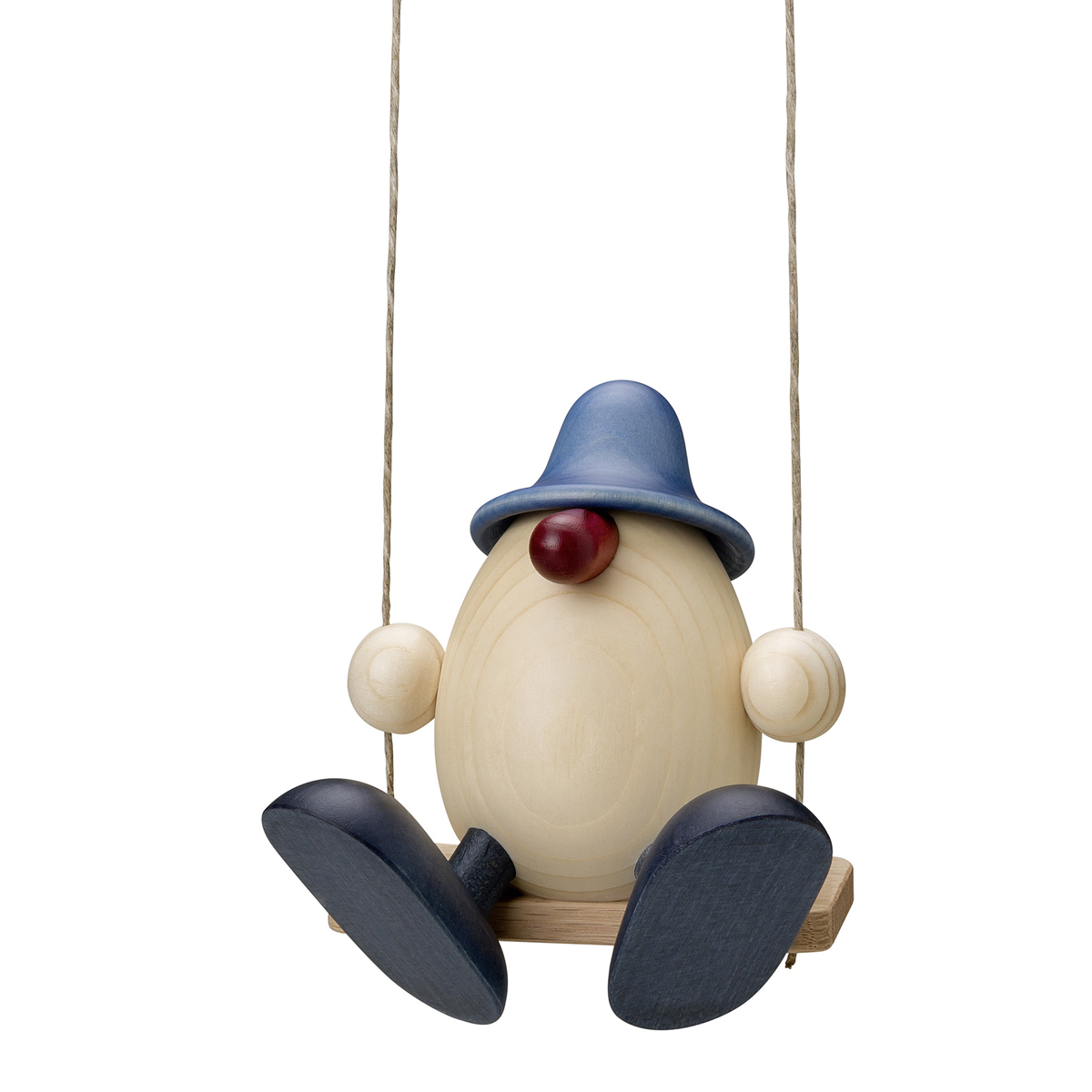 Eierkopf Bruno auf Schaukel, blau