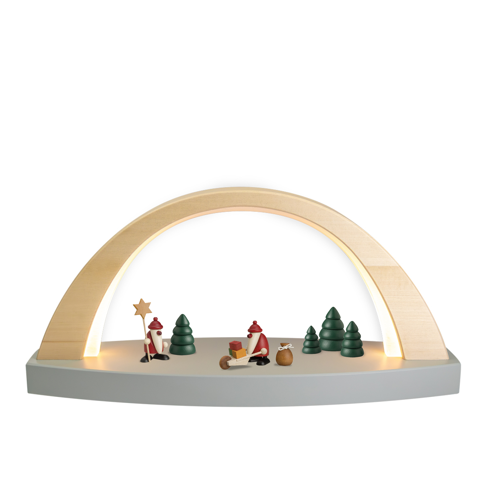 LED LichtBogen klein, natur, Sockel grau mit Miniaturset 3, 5 und Baumset grün