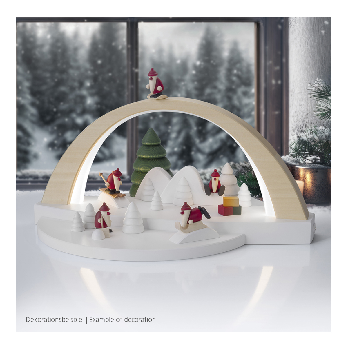 LED LichtBogen klein, Lindenholz natur, Sockel weiß